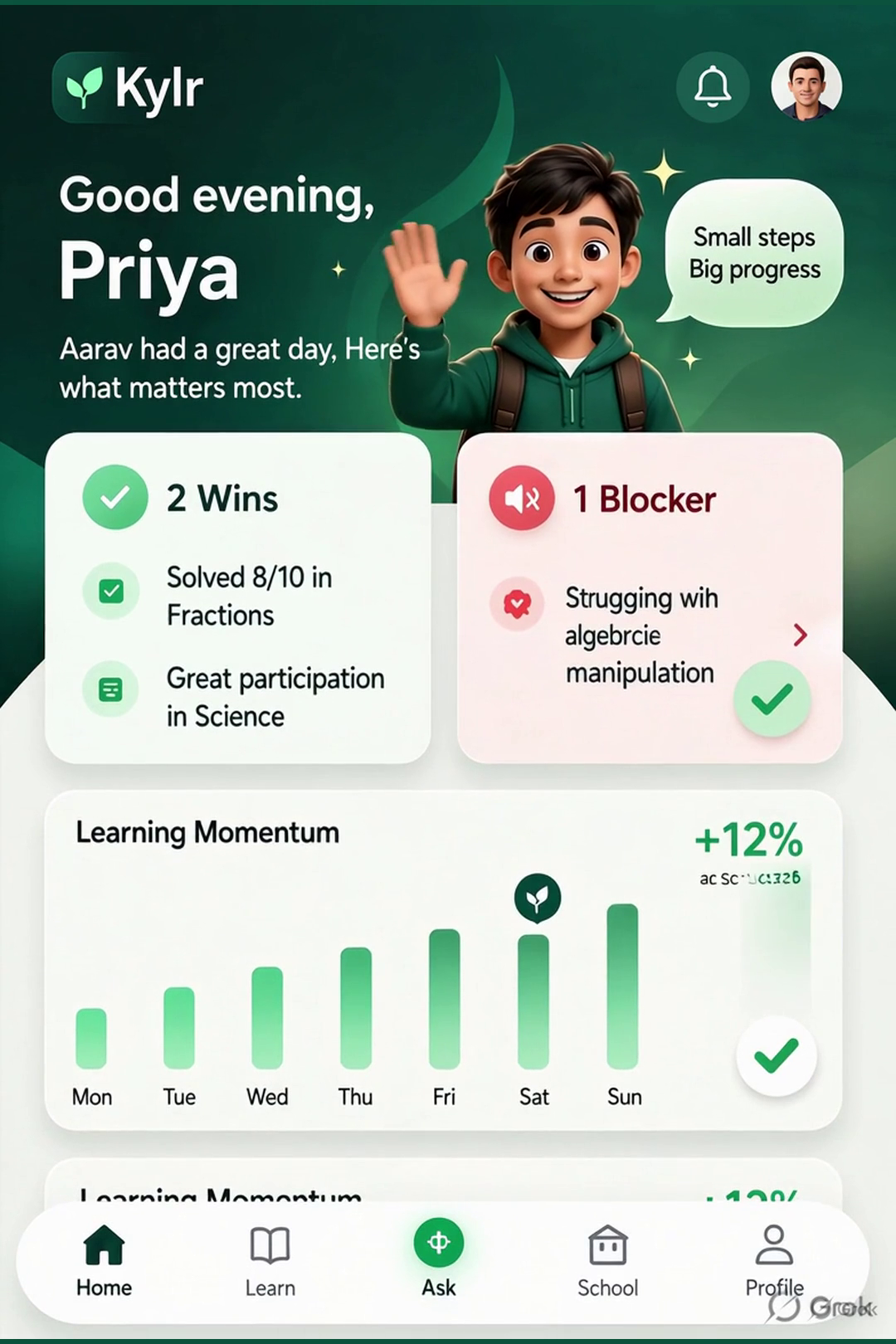 Kylr home screen showing learning wins, a blocker, and progress